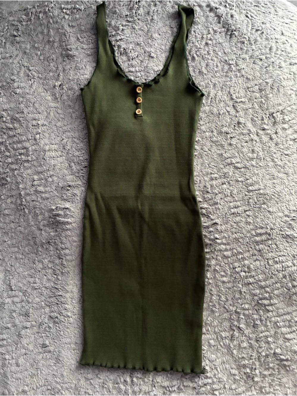 Love Culture Olive Green Ribbed Midi Dress with Button Placket